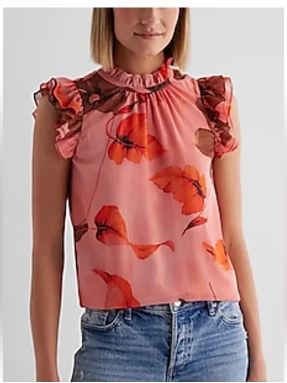 Express Floral Ruffle Sleeveless Top Size M, 19” PTP, 25” L